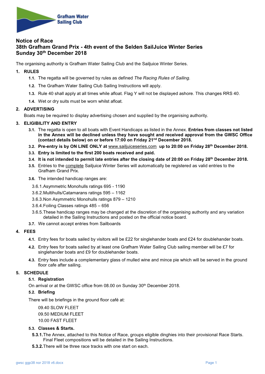 Notice of Race 38Th Grafham Grand Prix - 4Th Event of the Selden Sailjuice Winter Series Sunday 30Th December 2018