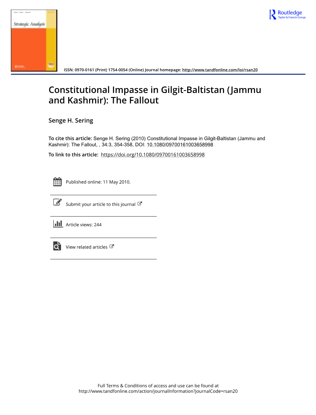 Constitutional Impasse in Gilgit-Baltistan (Jammu and Kashmir): the Fallout