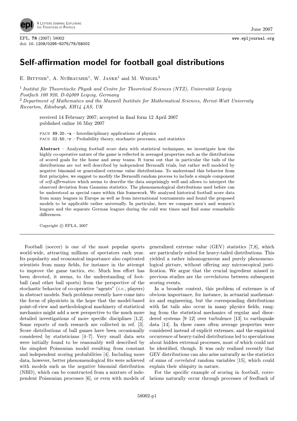 Self-Affirmation Model for Football Goal Distributions