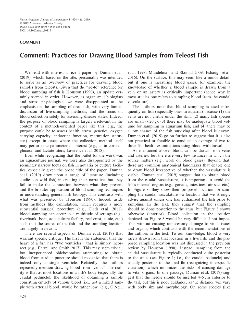 Comment: Practices for Drawing Blood Samples from Teleost Fish