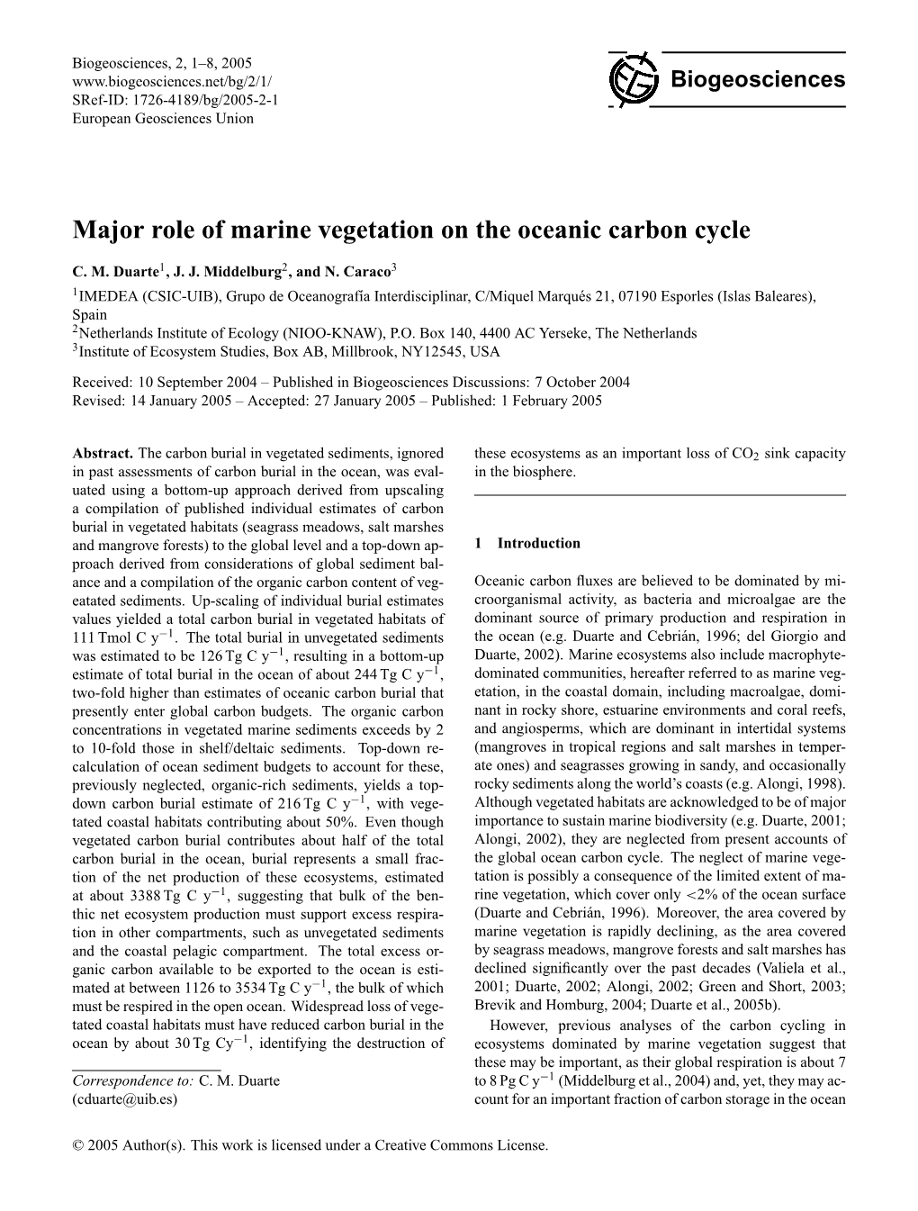 Major Role of Marine Vegetation on the Oceanic Carbon Cycle