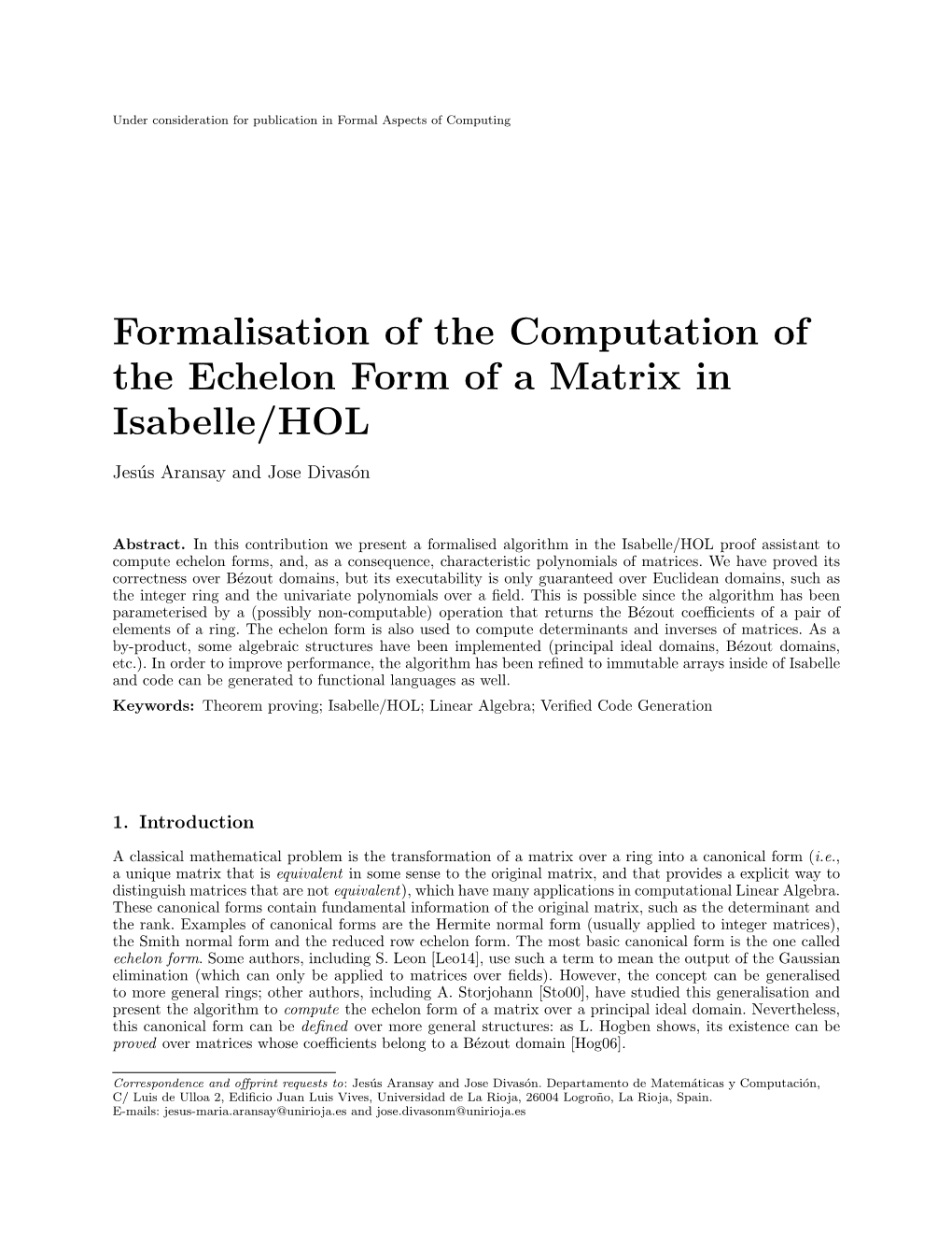 Formalisation of the Computation of the Echelon Form of a Matrix in Isabelle/HOL