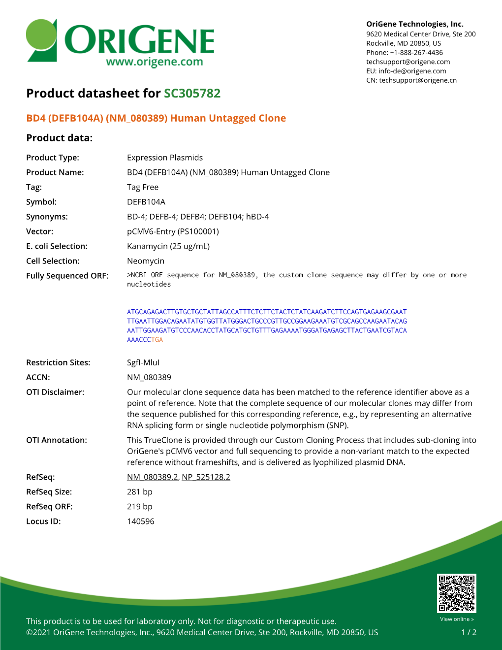 BD4 (DEFB104A) (NM 080389) Human Untagged Clone Product Data