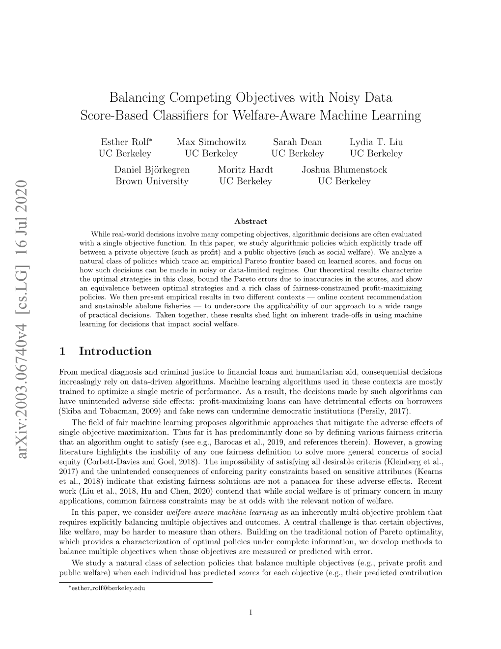 Balancing Competing Objectives with Noisy Data: Score-Based