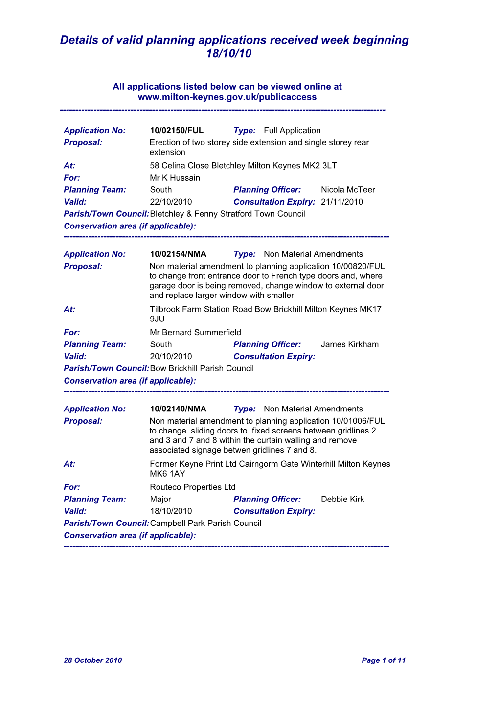 Details of Valid Planning Applications Received Week Beginning 18/10/10