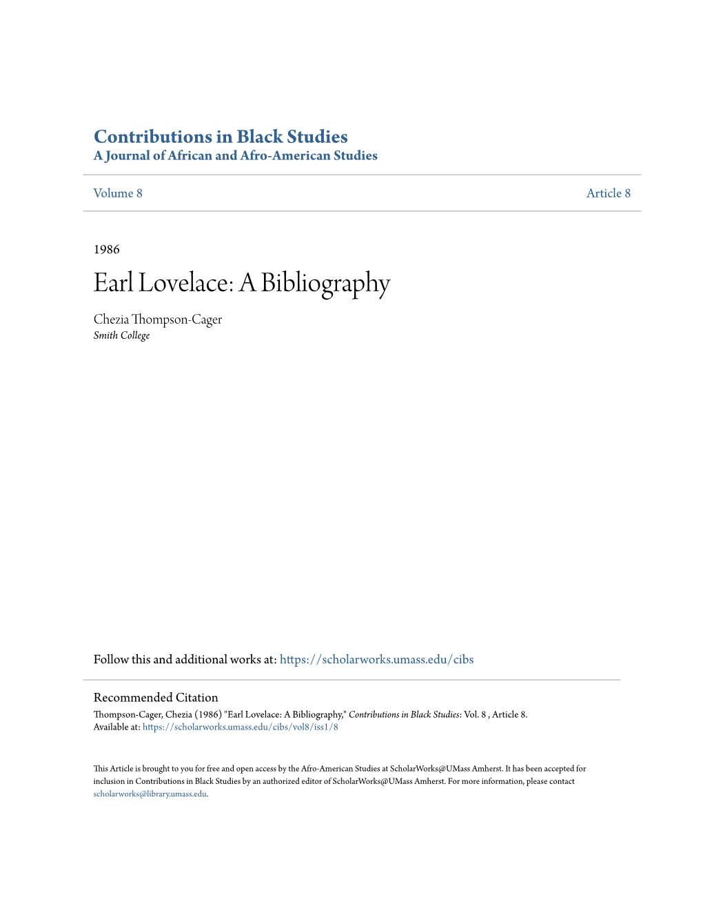 Earl Lovelace: a Bibliography Chezia Thompson-Cager Smith College