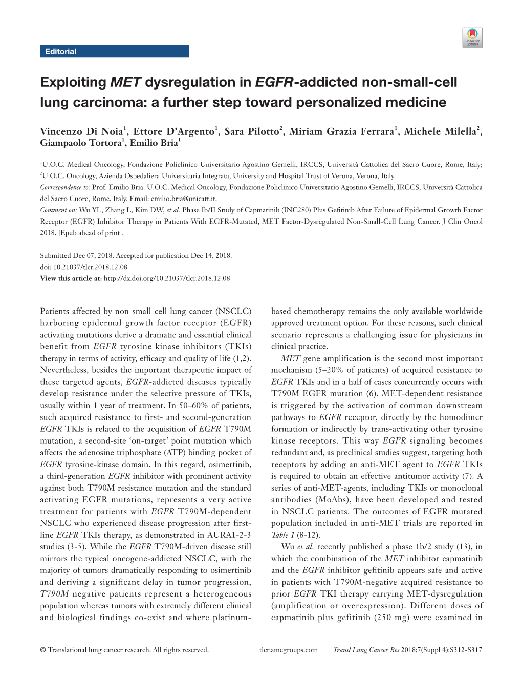 Exploiting MET Dysregulation in EGFR-Addicted Non-Small-Cell Lung Carcinoma: a Further Step Toward Personalized Medicine