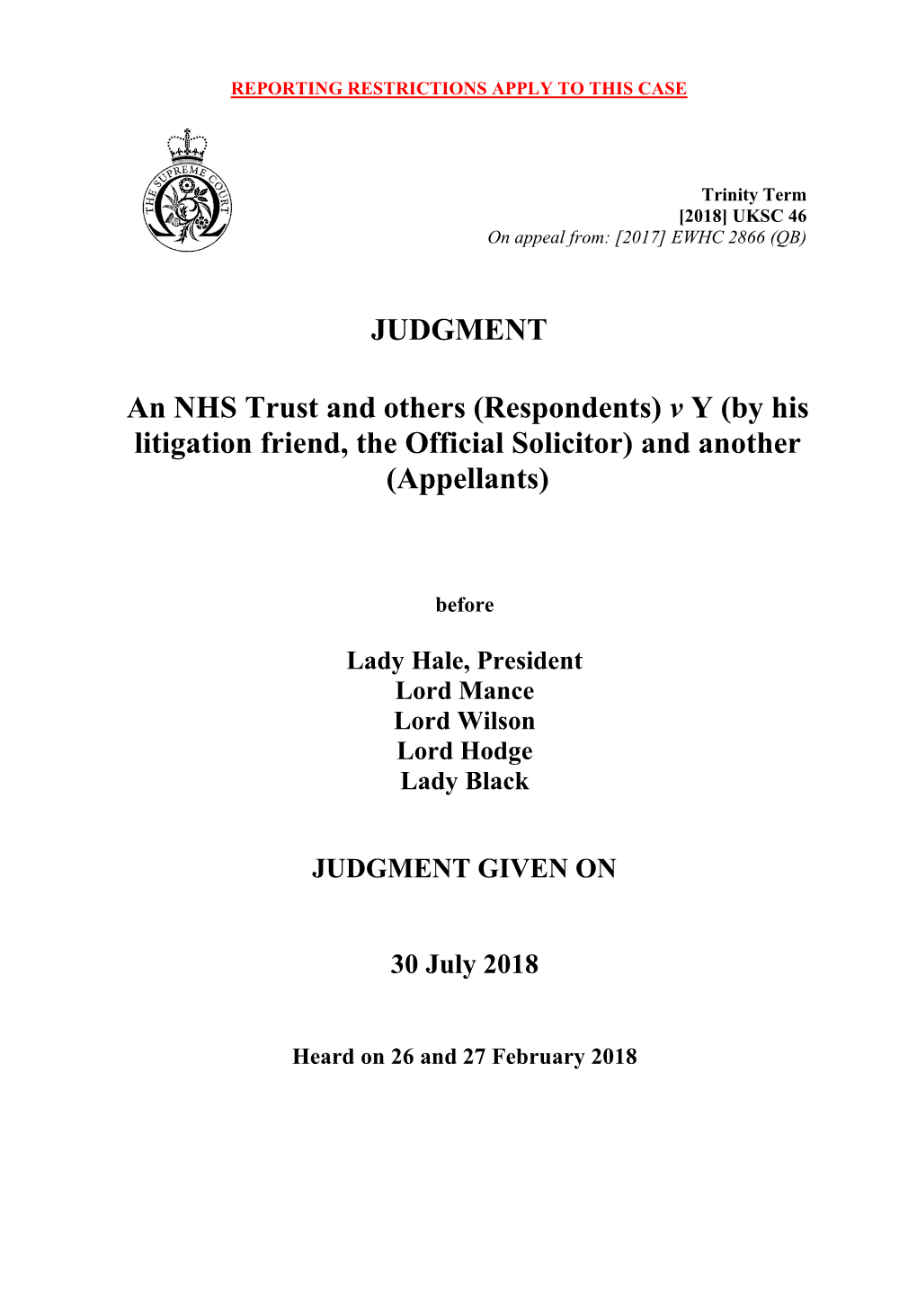 Respondents) V Y (By His Litigation Friend, the Official Solicitor) and Another (Appellants