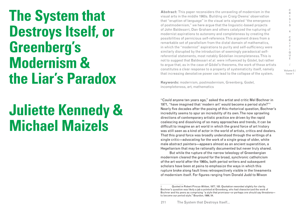 The System That Destroys Itself, Or Greenberg's Modernism & the Liar's