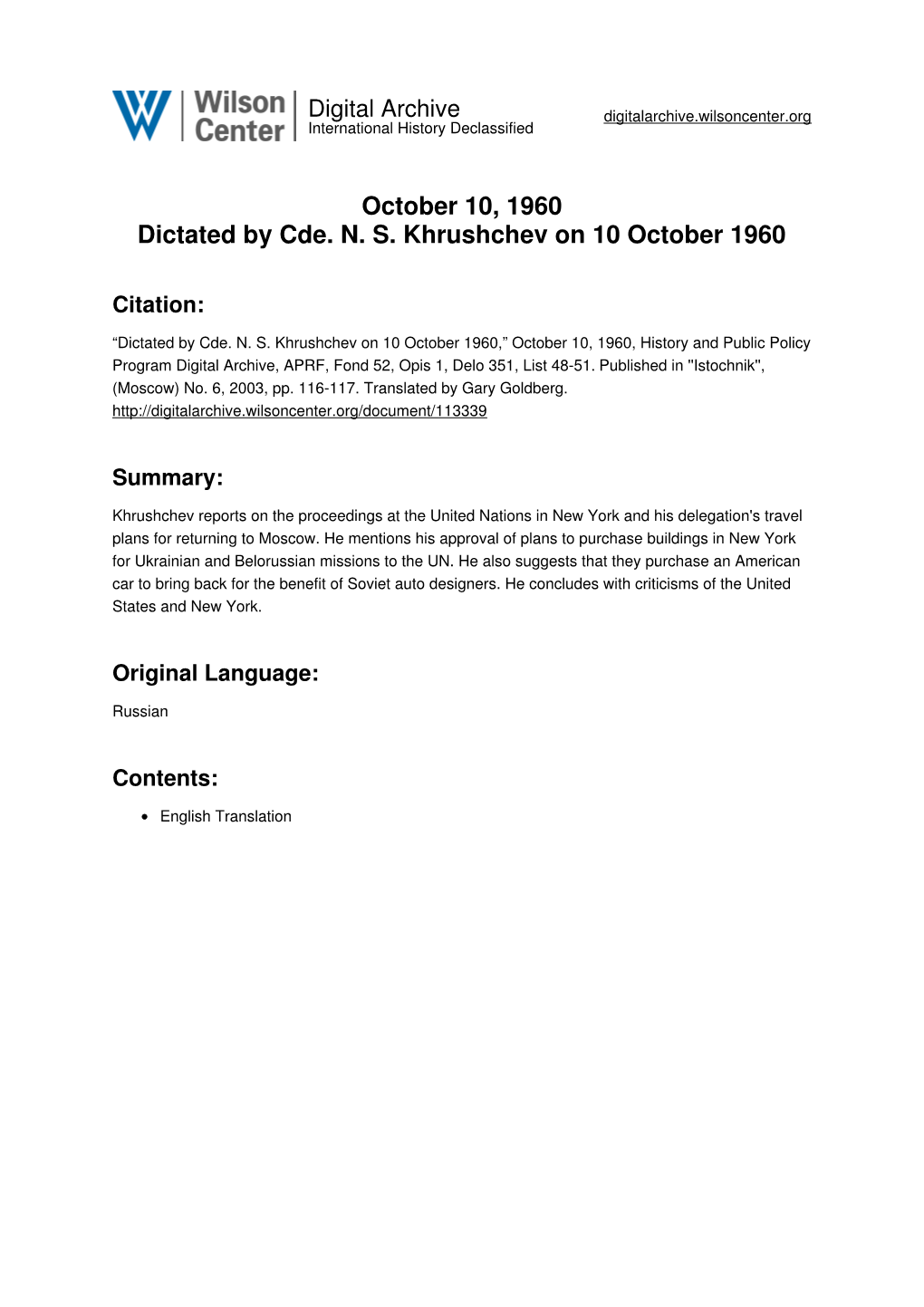 October 10, 1960 Dictated by Cde. N. S. Khrushchev on 10 October 1960