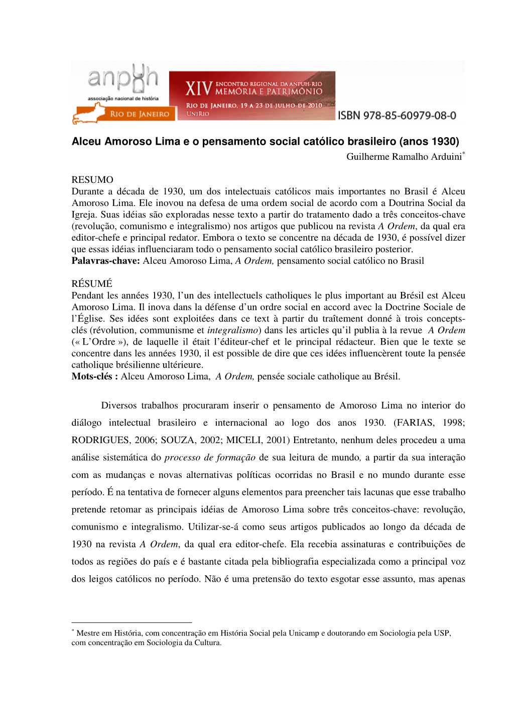 Alceu Amoroso Lima E O Pensamento Social Católico Brasileiro (Anos 1930) ∗ Guilherme Ramalho Arduini