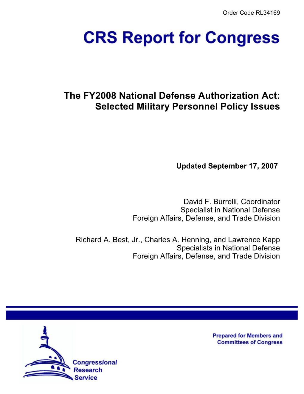 The FY2008 National Defense Authorization Act: Selected Military Personnel Policy Issues