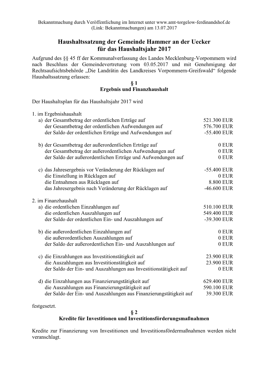 Haushaltssatzung Der Gemeinde Hammer an Der Uecker Für Das