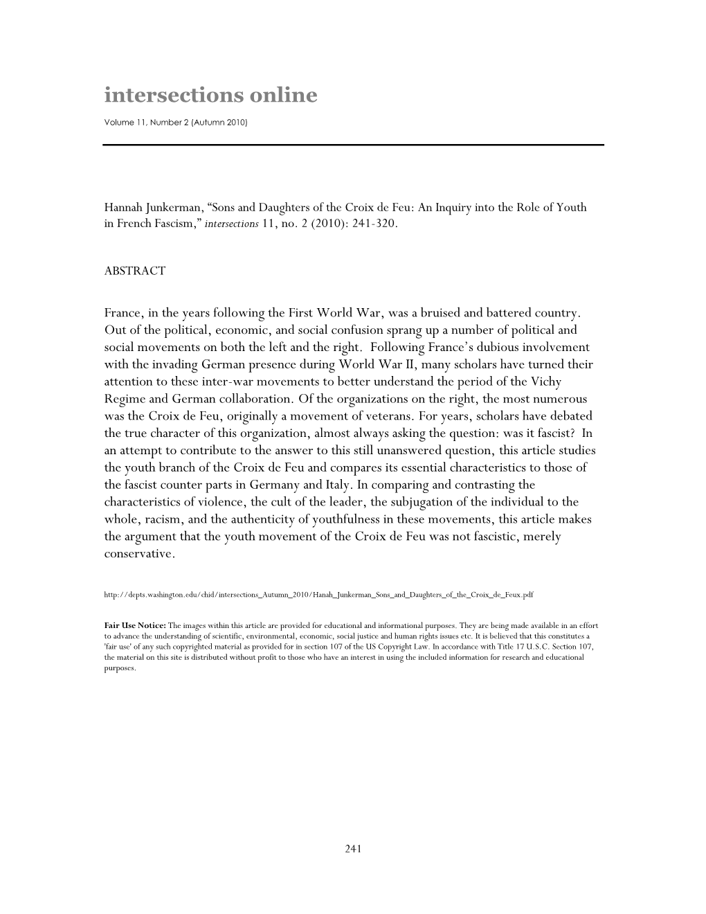 Sons and Daughters of the Croix De Feu: an Inquiry Into the Role of Youth in French Fascism,” Intersections 11, No