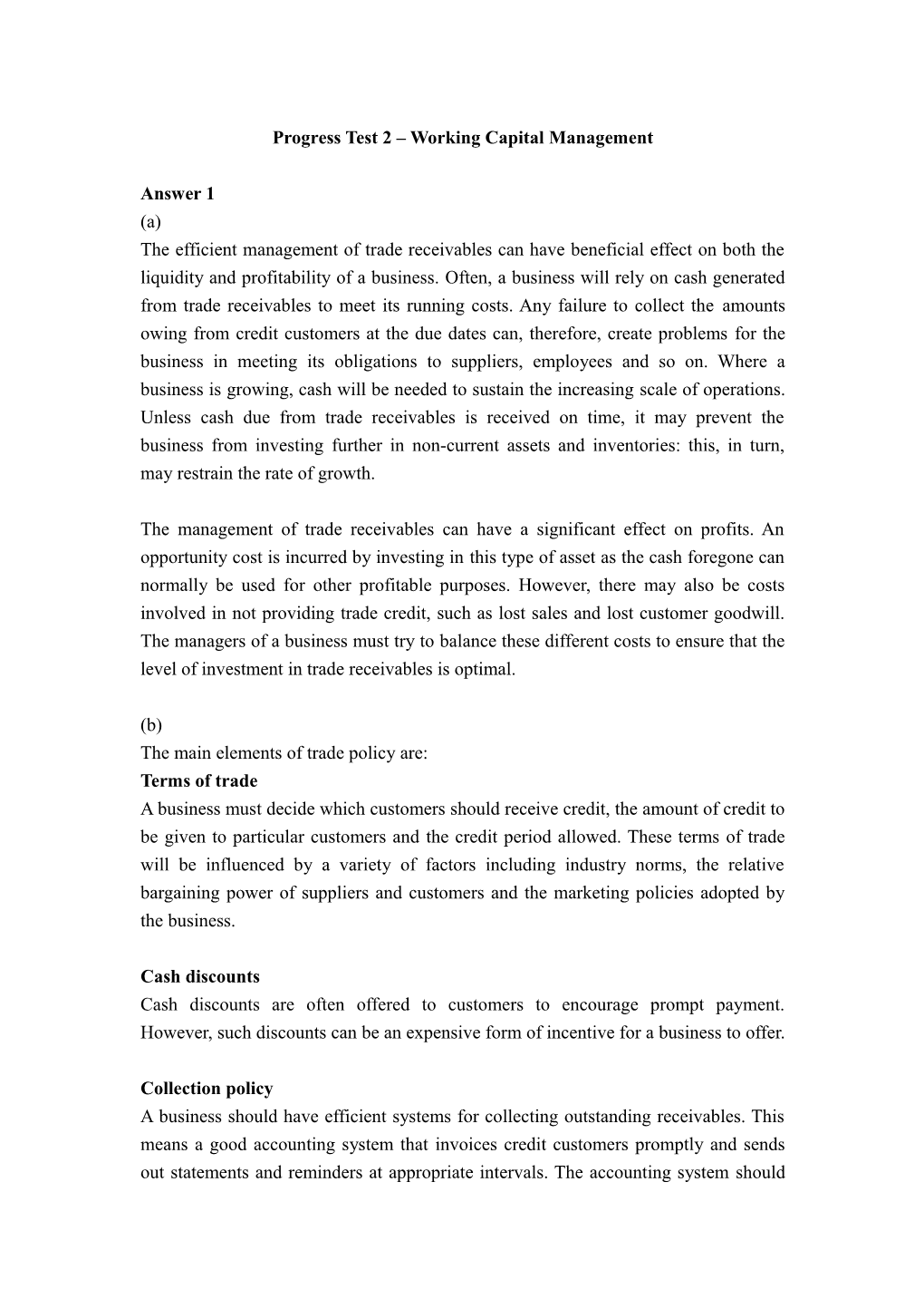 Progress Test 2 Working Capital Management