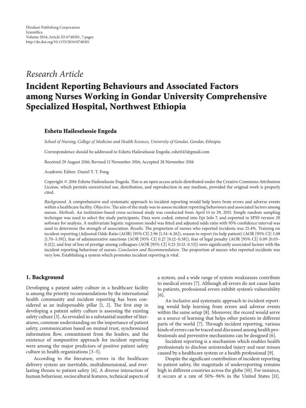 Incident Reporting Behaviours and Associated Factors Among Nurses Working in Gondar University Comprehensive Specialized Hospital, Northwest Ethiopia
