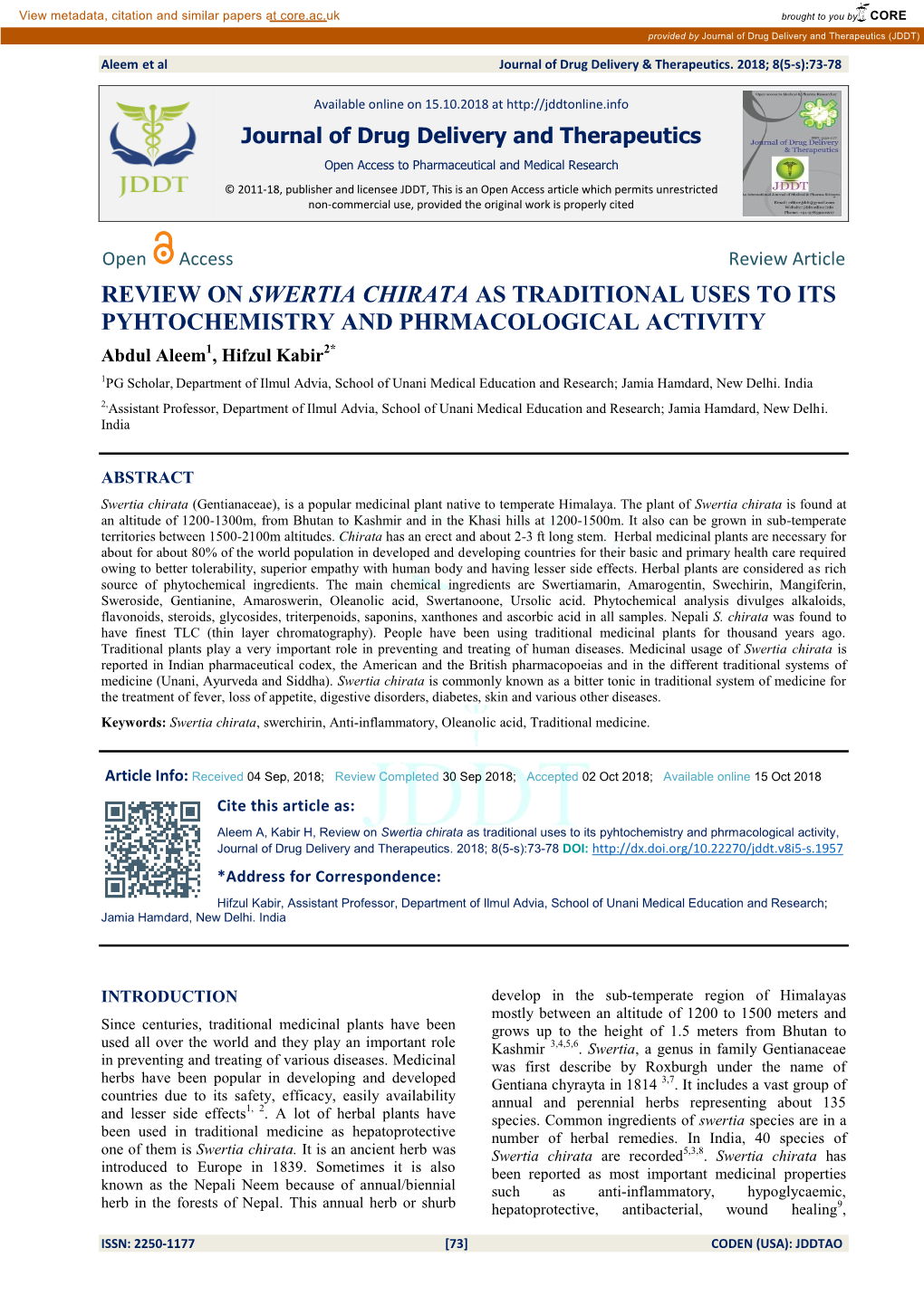 Review on Swertia Chirata As Traditional Uses to Its