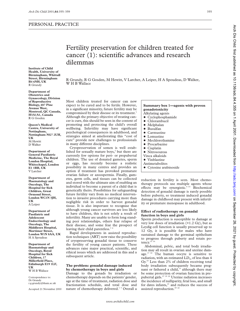 Fertility Preservation for Children Treated for Cancer