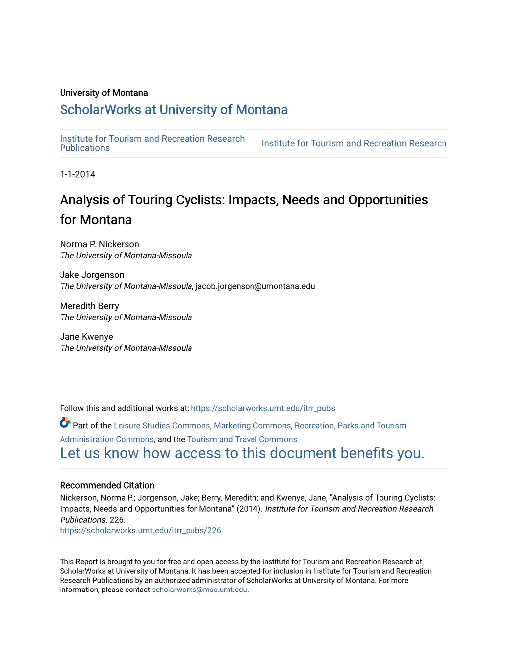 Analysis of Touring Cyclists: Impacts, Needs and Opportunities for Montana