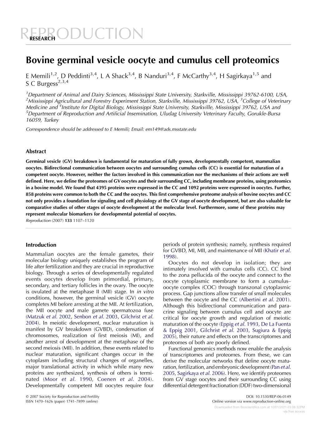 Bovine Germinal Vesicle Oocyte and Cumulus Cell Proteomics