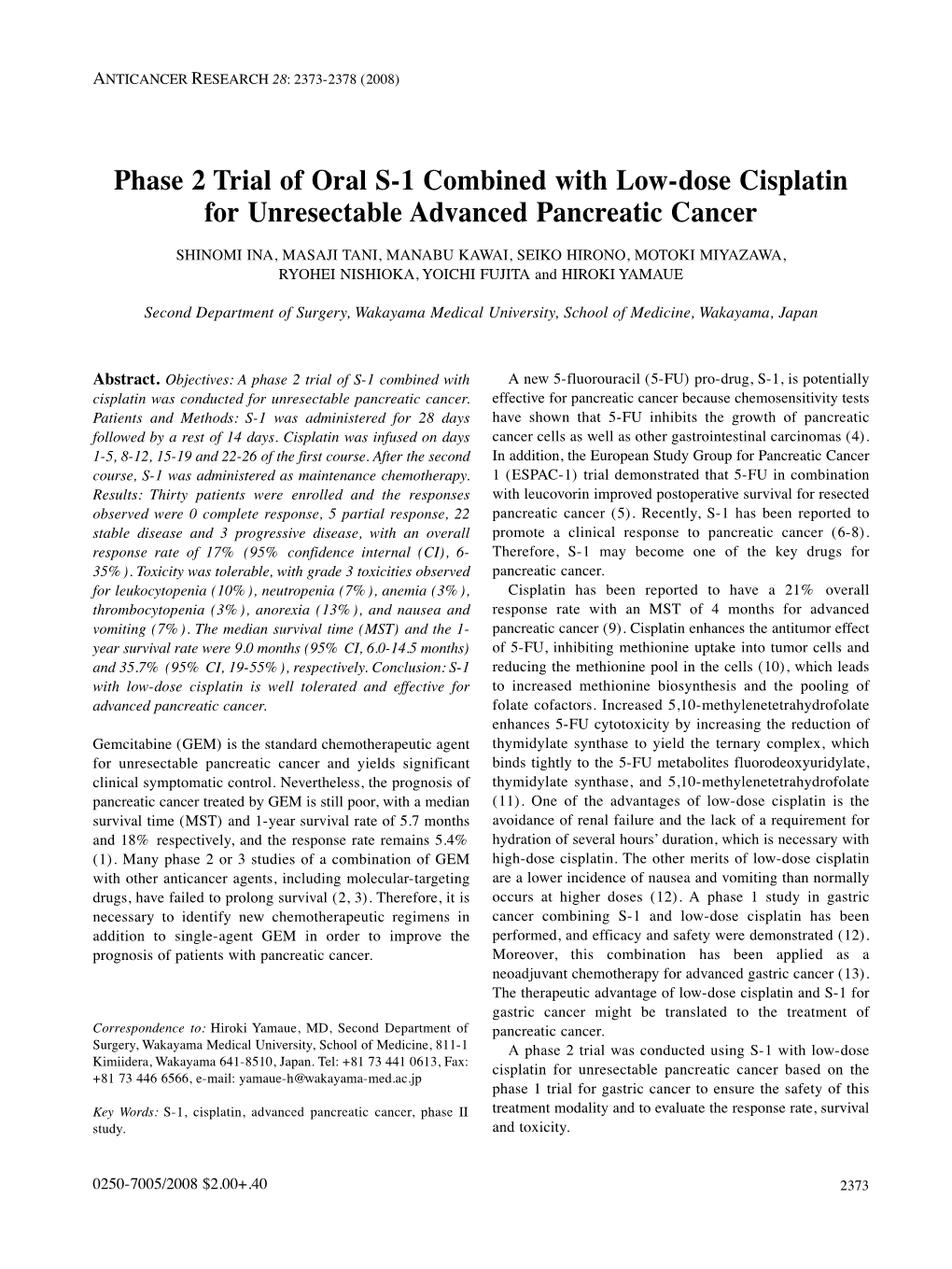 Phase 2 Trial of Oral S-1 Combined with Low-Dose Cisplatin For