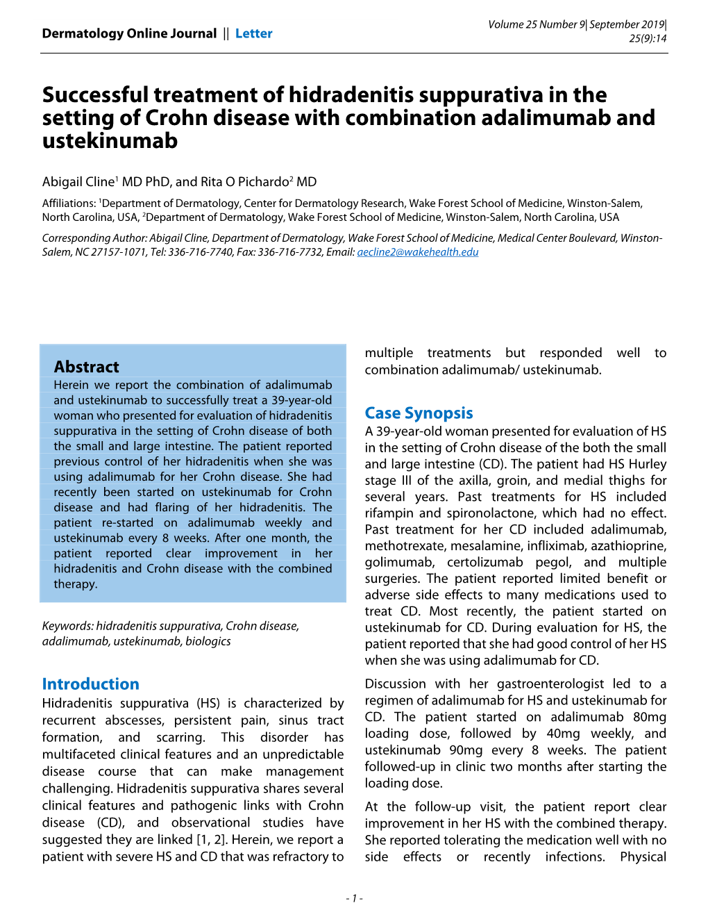 Successful Treatment of Hidradenitis Suppurativa in the Setting of Crohn Disease with Combination Adalimumab and Ustekinumab