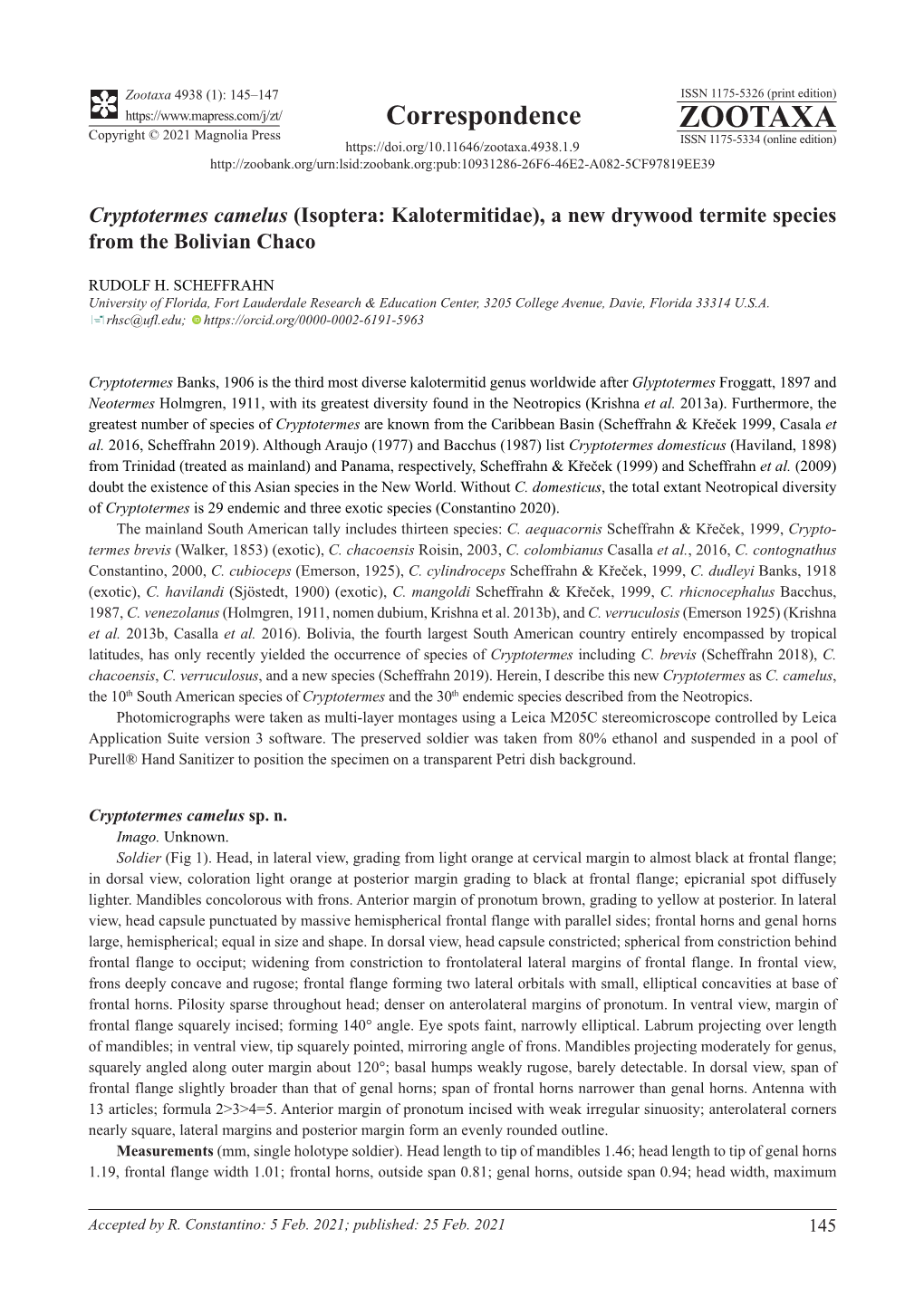 Cryptotermes Camelus (Isoptera: Kalotermitidae), a New Drywood Termite Species from the Bolivian Chaco