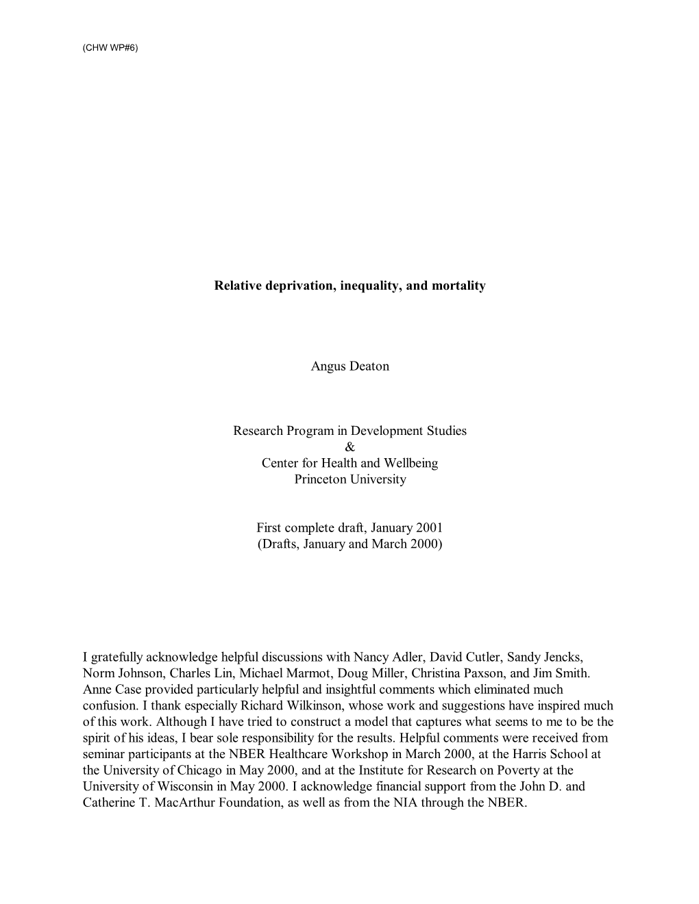 Relative Deprivation, Inequality, and Mortality