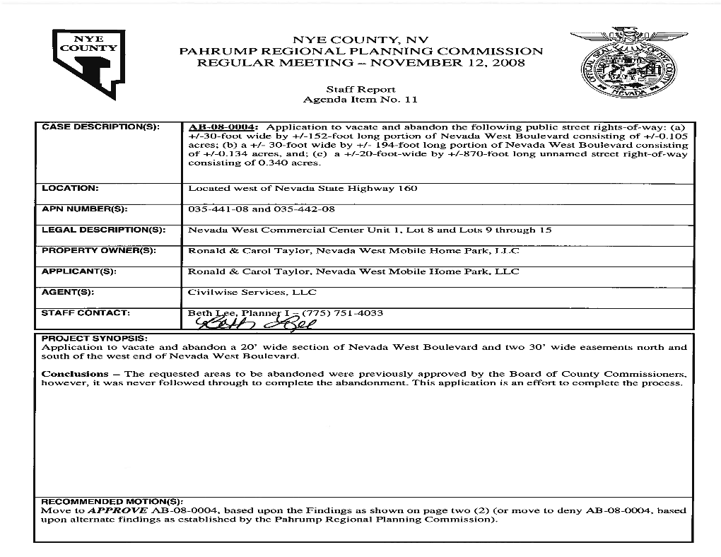 Nye County, Nv Pahrump Regional Planning Commission Regular Meeting - November 12, 2008