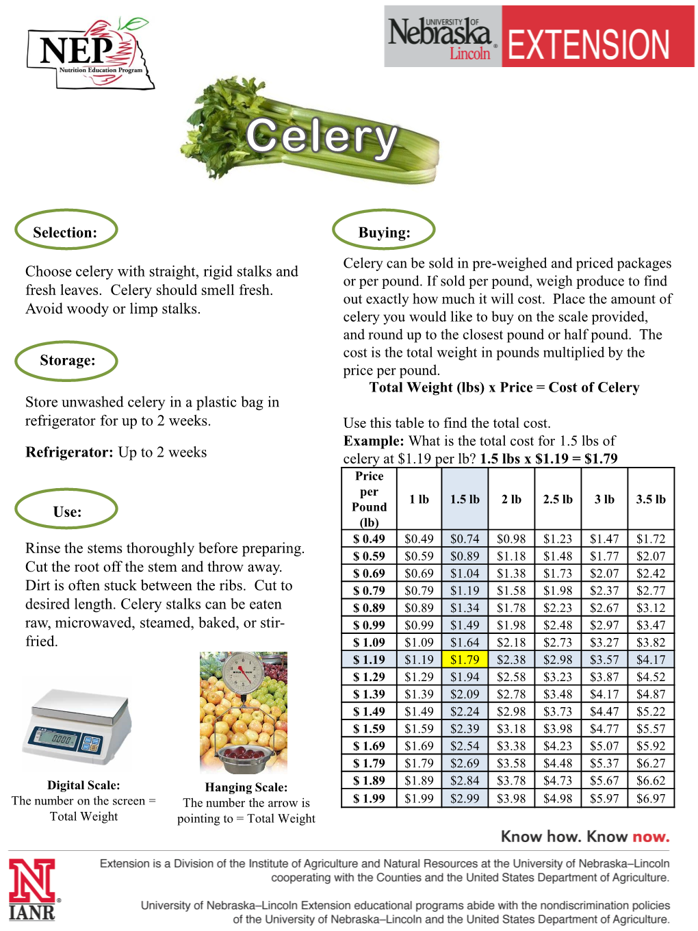 Celery Can Be Sold in Pre-Weighed and Priced Packages Choose Celery with Straight, Rigid Stalks and Or Per Pound