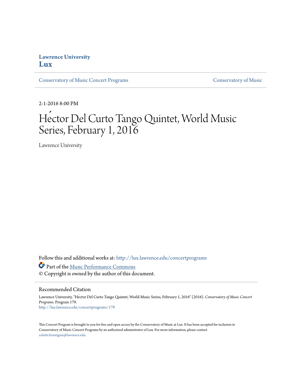 Héctor Del Curto Tango Quintet, World Music Series, February 1, 2016