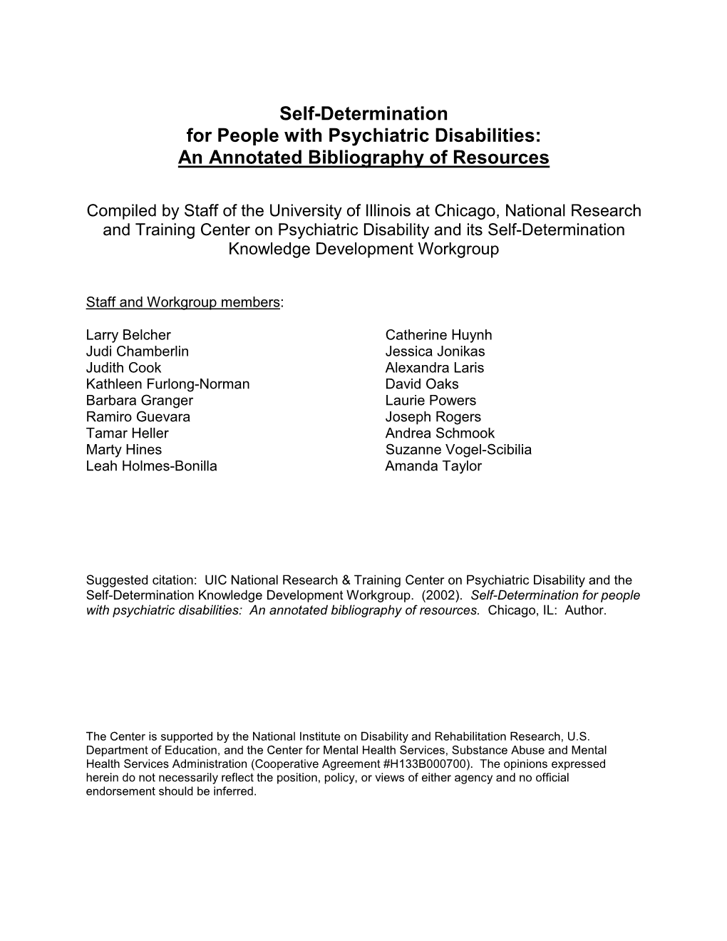 Self-Determination for People with Psychiatric Disabilities: an Annotated Bibliography of Resources