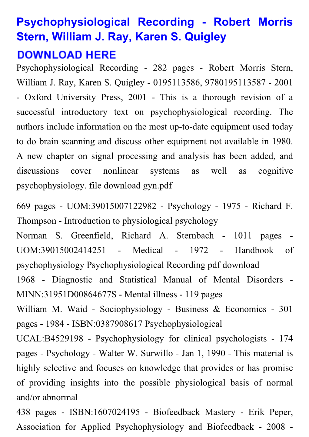 Psychophysiological Recording - Robert Morris Stern, William J