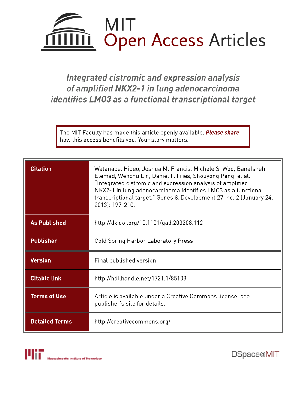 Integrated Cistromic and Expression Analysis of Amplified NKX2-1 in Lung Adenocarcinoma Identifies LMO3 As a Functional Transcriptional Target