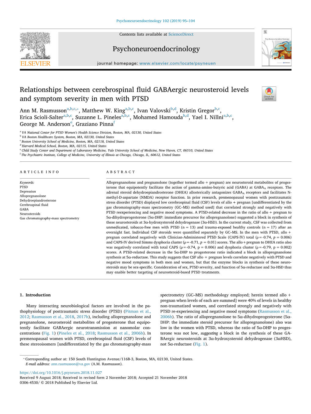 Relationships Between Cerebrospinal Fluid Gabaergic Neurosteroid Levels and Symptom Severity in Men with PTSD