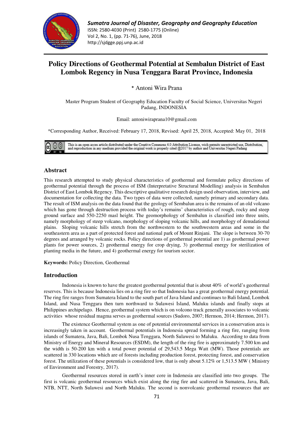 Policy Directions of Geothermal Potential at Sembalun District of East Lombok Regency in Nusa Tenggara Barat Province, Indonesia