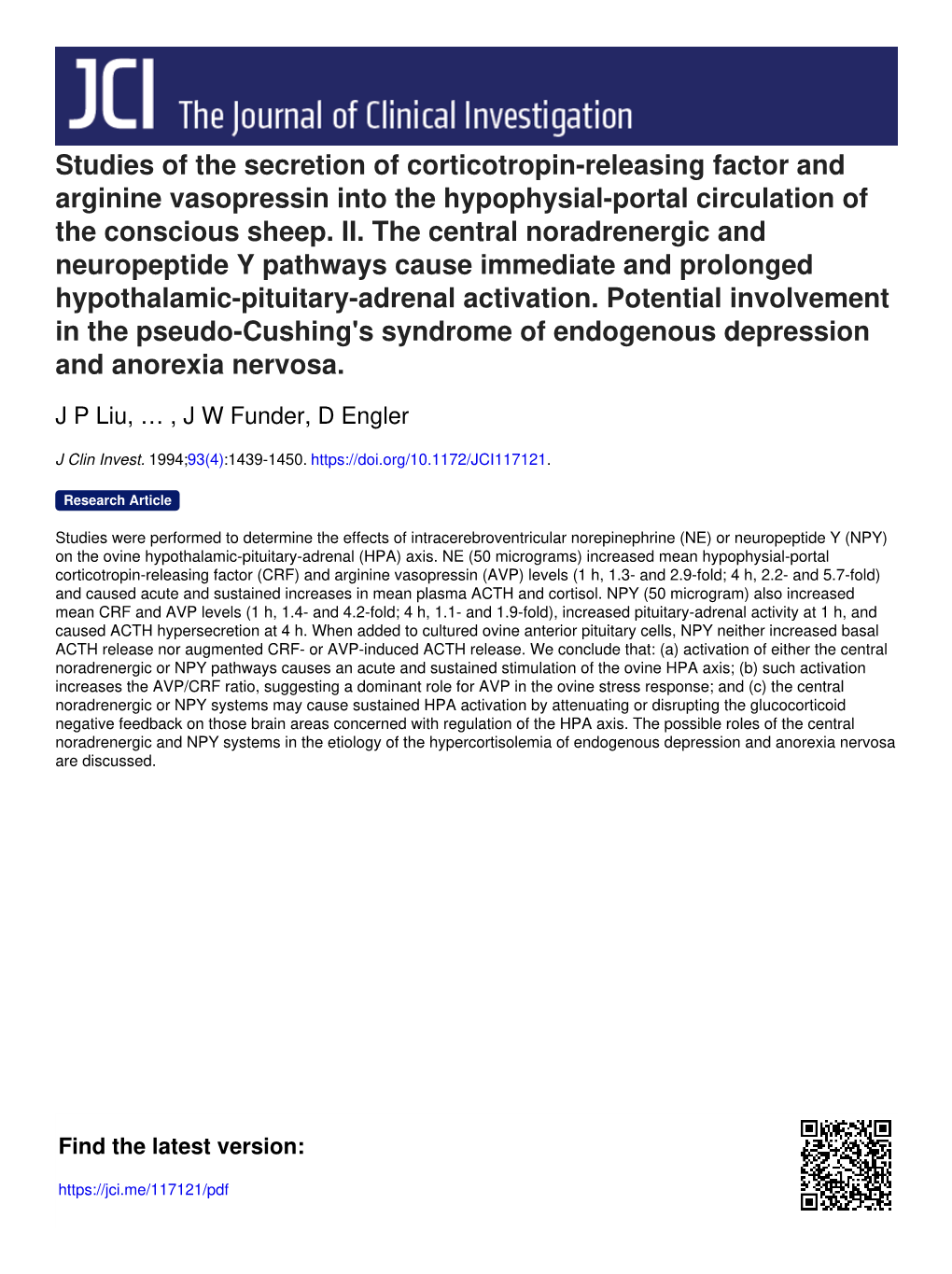 Studies of the Secretion of Corticotropin-Releasing Factor and Arginine Vasopressin Into the Hypophysial-Portal Circulation of the Conscious Sheep