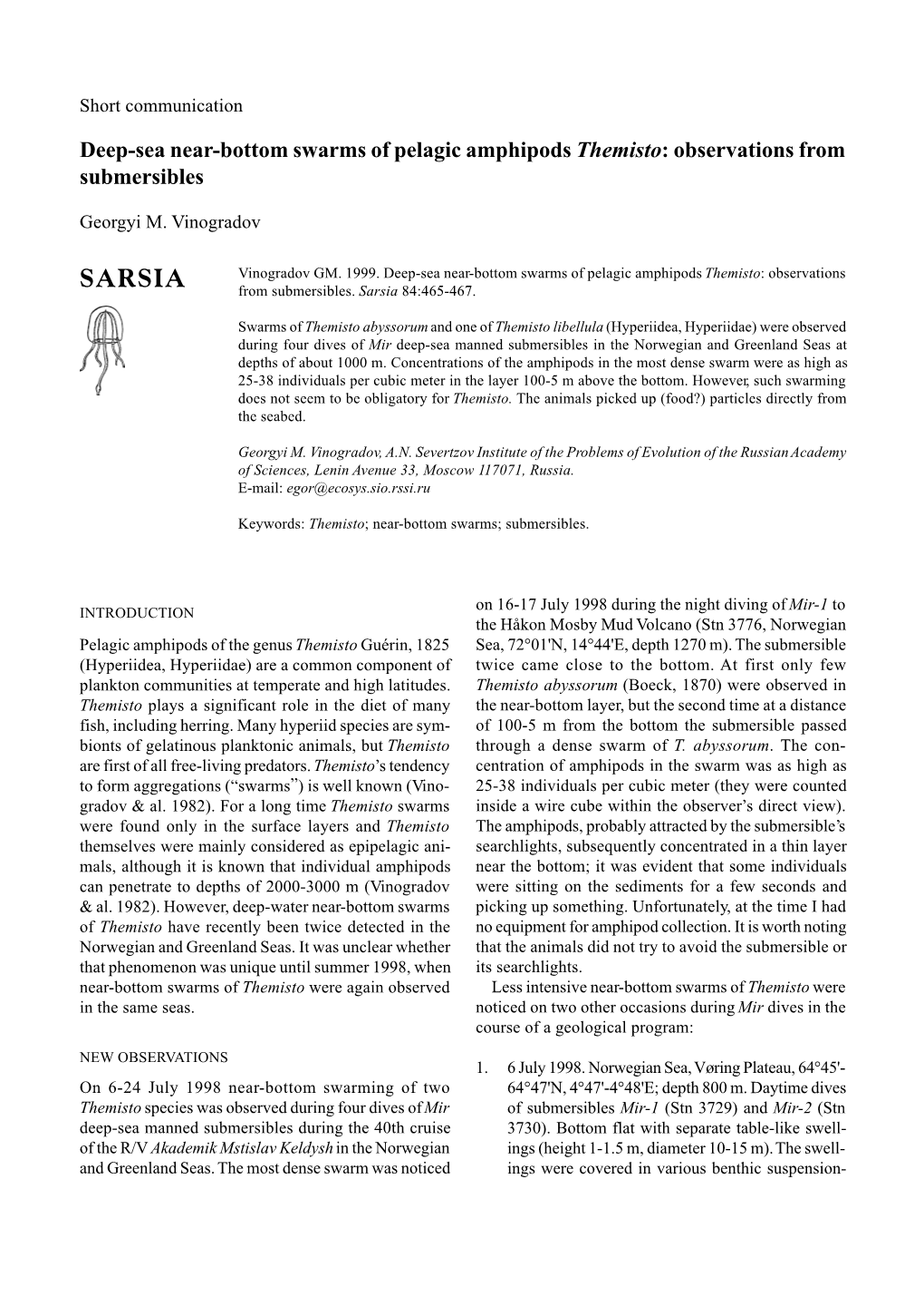 Deep-Sea Near-Bottom Swarms of Pelagic Amphipods Themisto: Observations from Submersibles