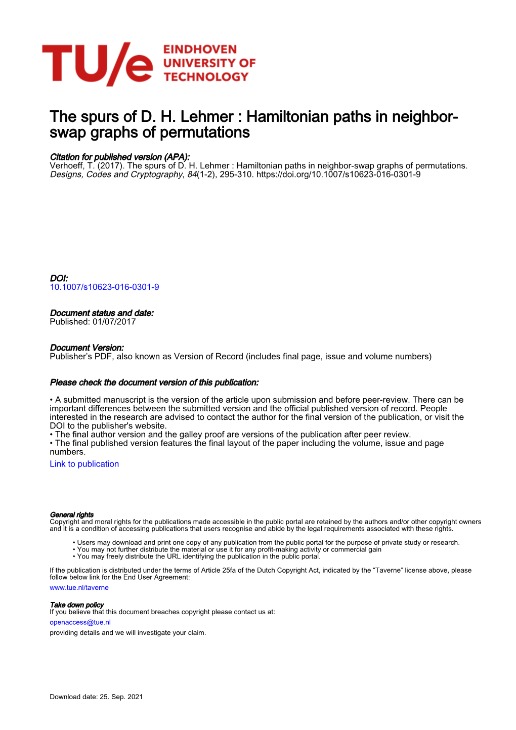 The Spurs of D. H. Lehmer : Hamiltonian Paths in Neighbor- Swap Graphs of Permutations