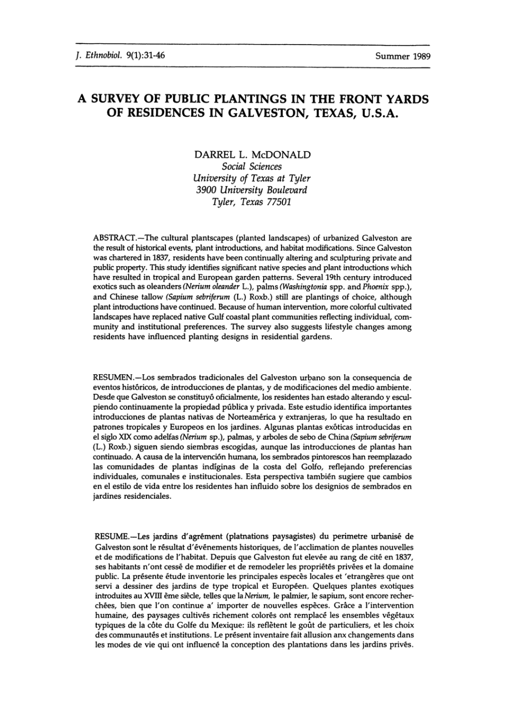 A Survey of Public Plantings in the Front Yards of Residences in Galveston, Texas, U.S.A