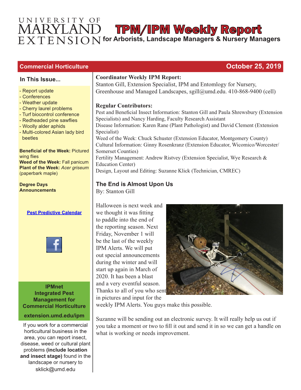 TPM/IPM Weekly Report for Arborists, Landscape Managers & Nursery Managers