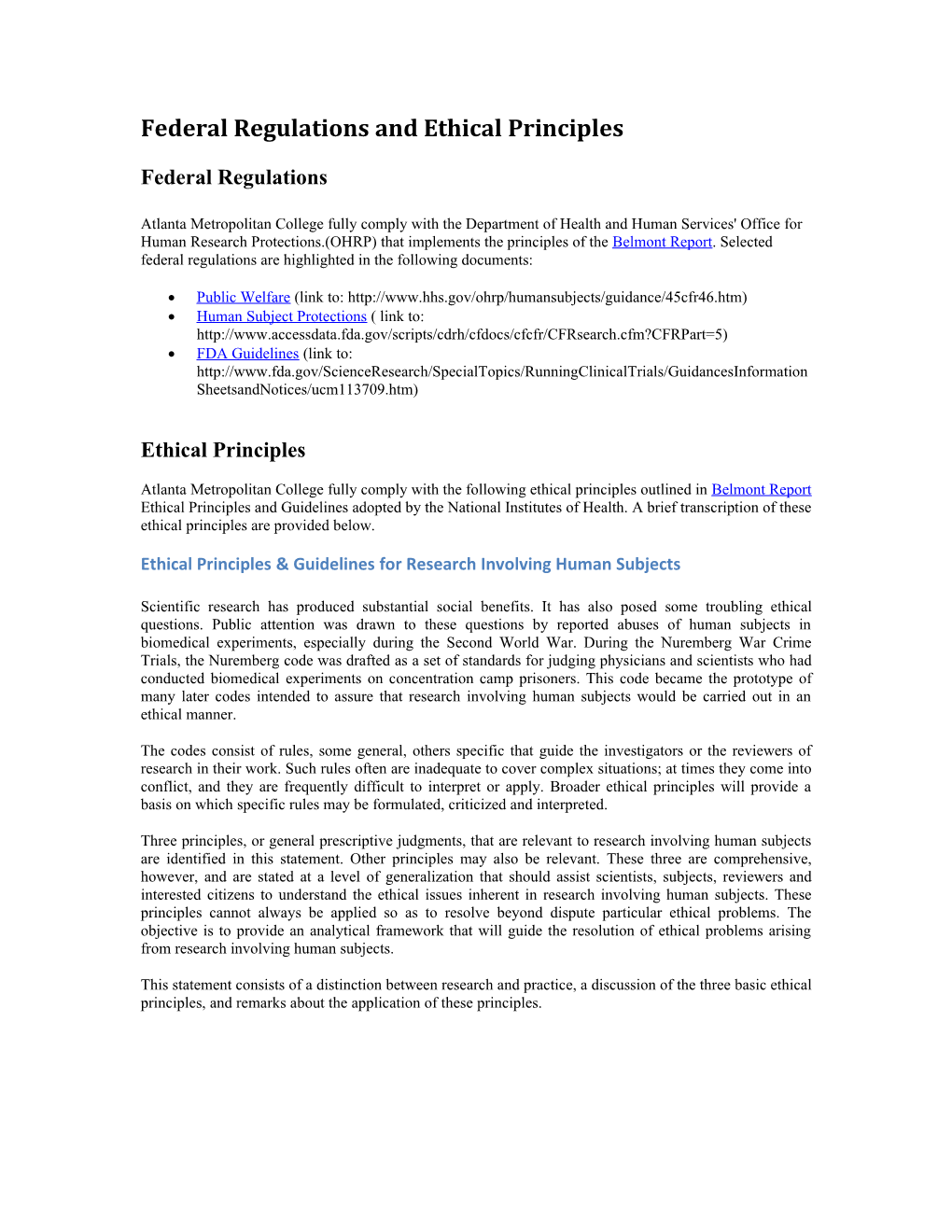 Federal Regulations and Ethical Principles