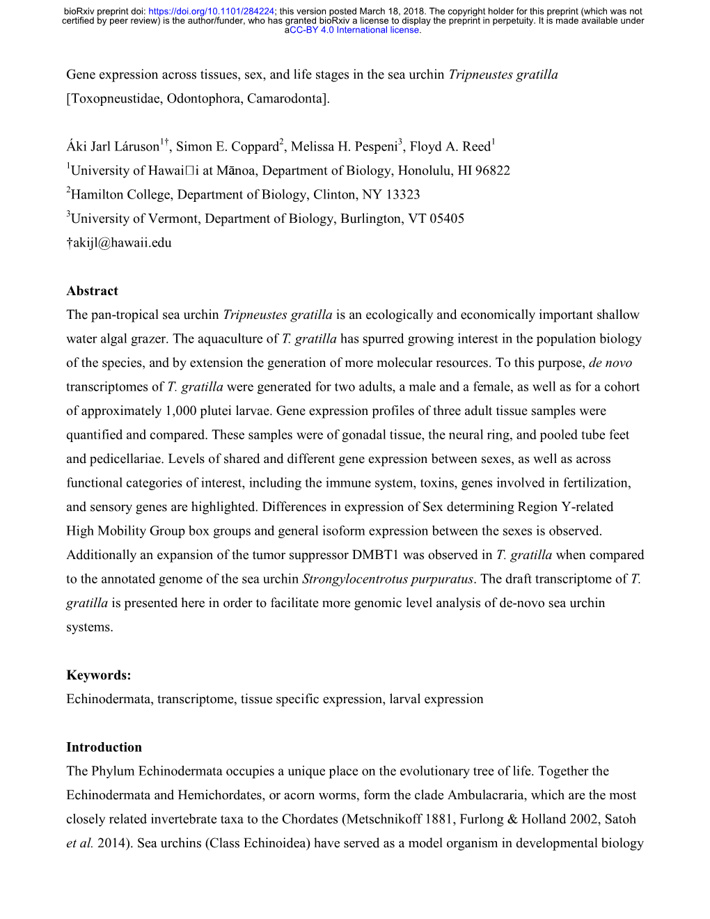 Gene Expression Across Tissues, Sex, and Life Stages in the Sea Urchin Tripneustes Gratilla [Toxopneustidae, Odontophora, Camarodonta]