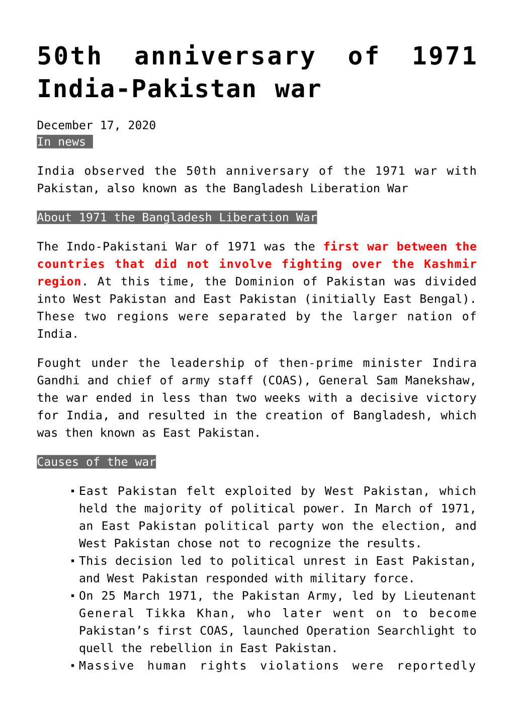 50Th Anniversary of 1971 India-Pakistan War