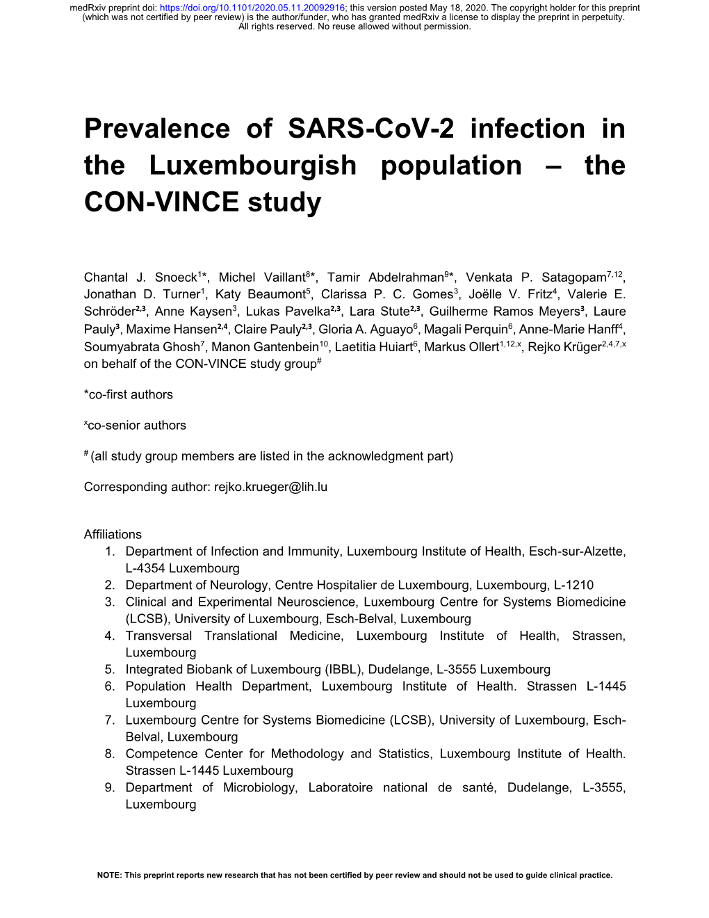 Prevalence of SARS-Cov-2 Infection in the Luxembourgish Population – the CON-VINCE Study