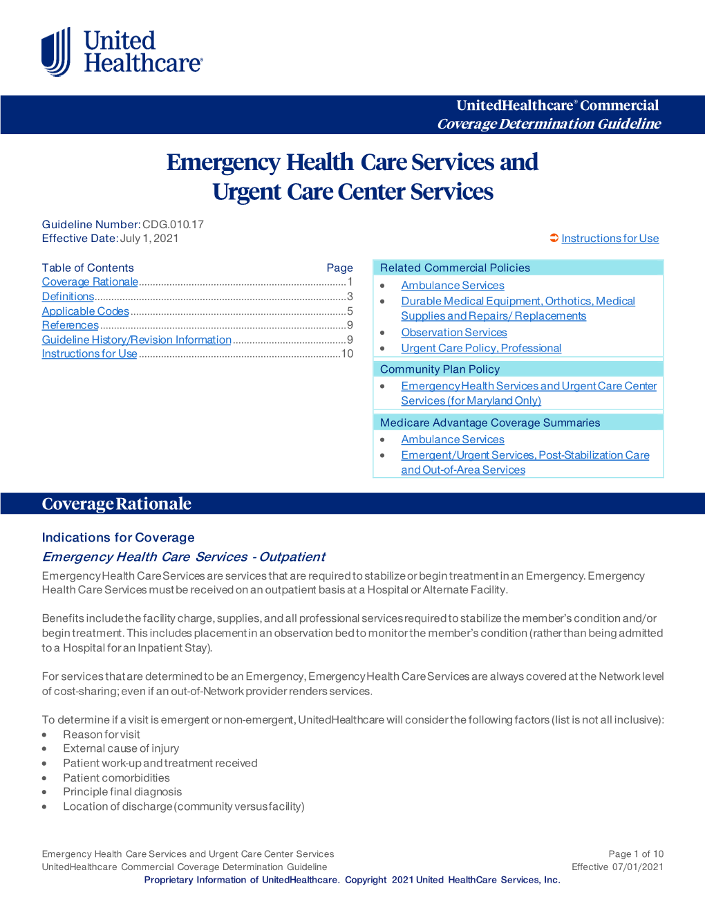 Emergency Health Care Services and Urgent Care Center Services