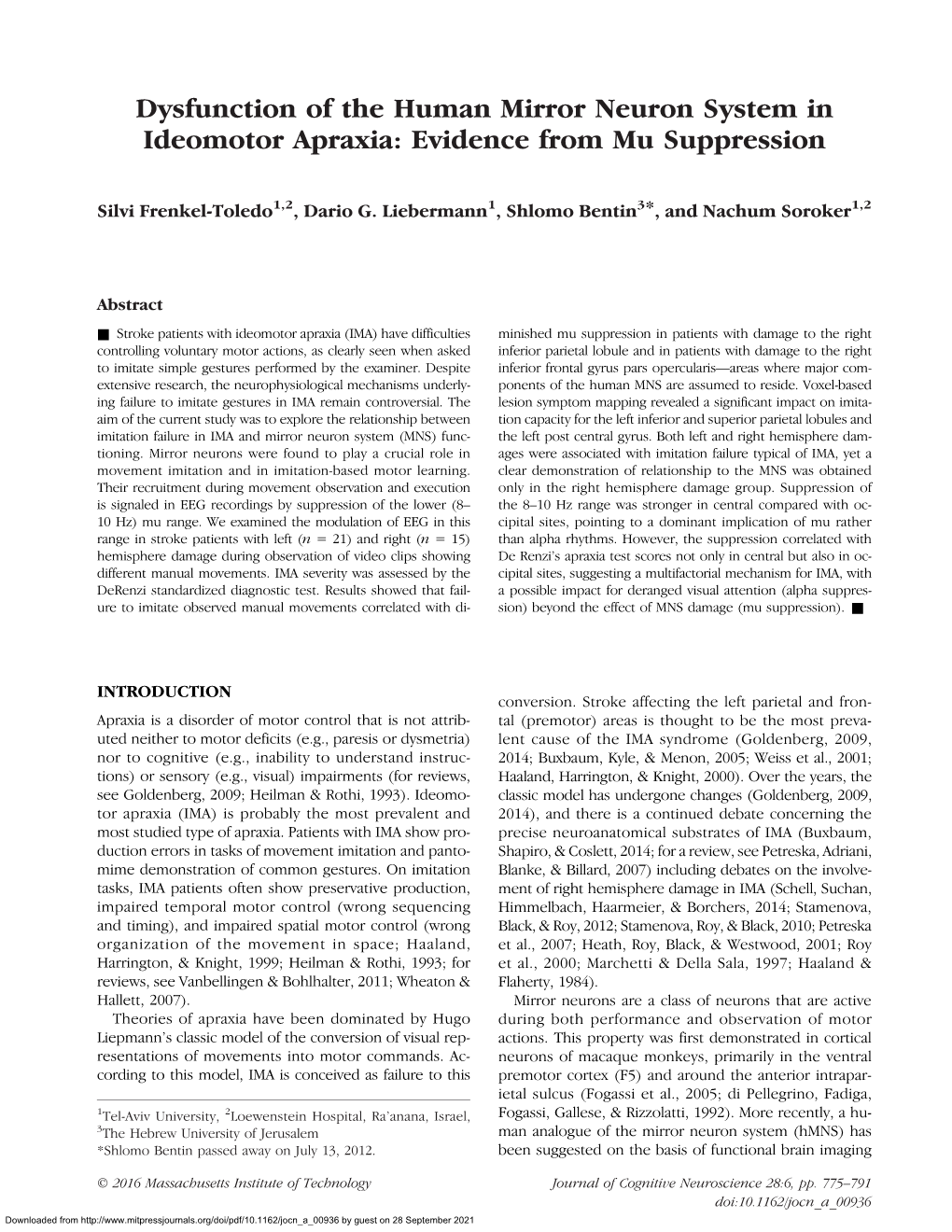 Dysfunction of the Human Mirror Neuron System in Ideomotor Apraxia: Evidence from Mu Suppression