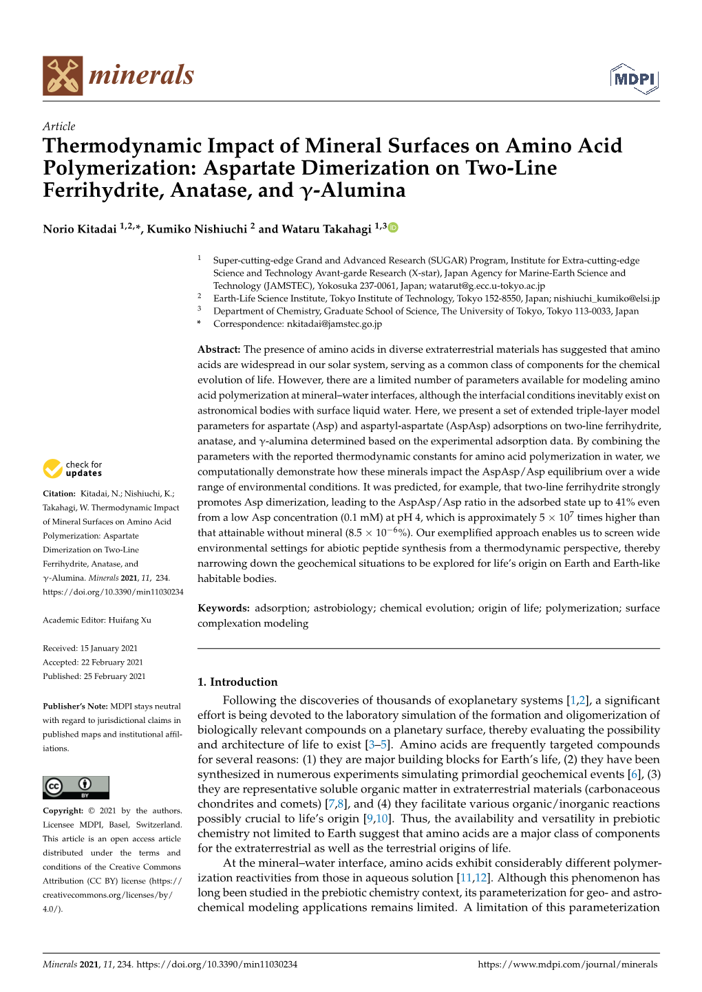 Thermodynamic Impact of Mineral Surfaces on Amino Acid Polymerization: Aspartate Dimerization on Two-Line Ferrihydrite, Anatase, and Γ-Alumina