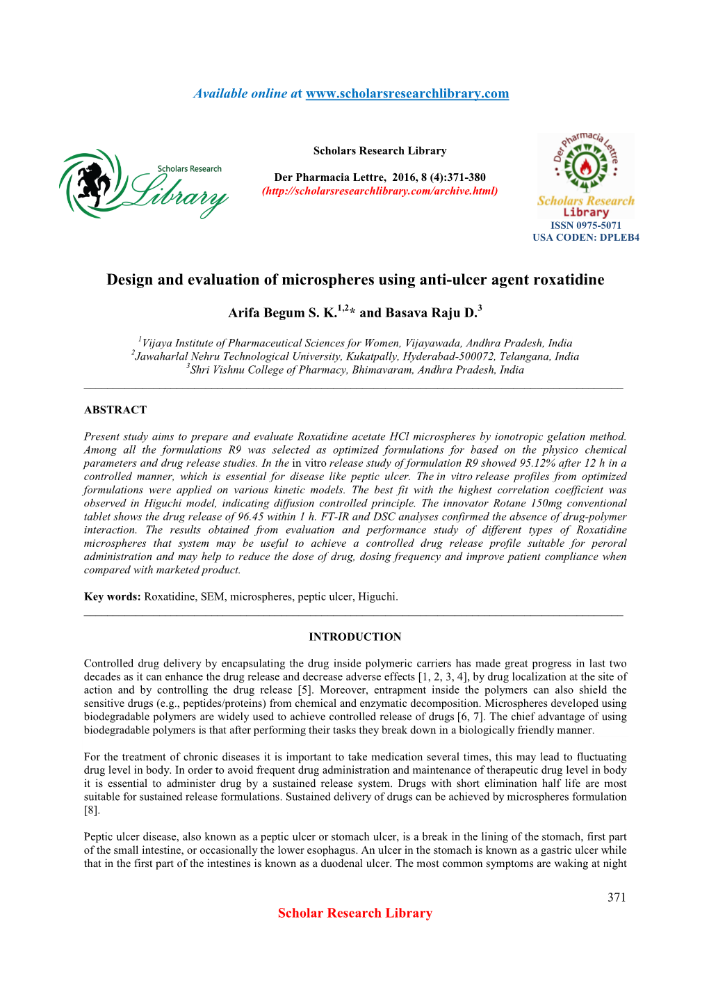 Design and Evaluation of Microspheres Using Anti-Ulcer Agent Roxatidine