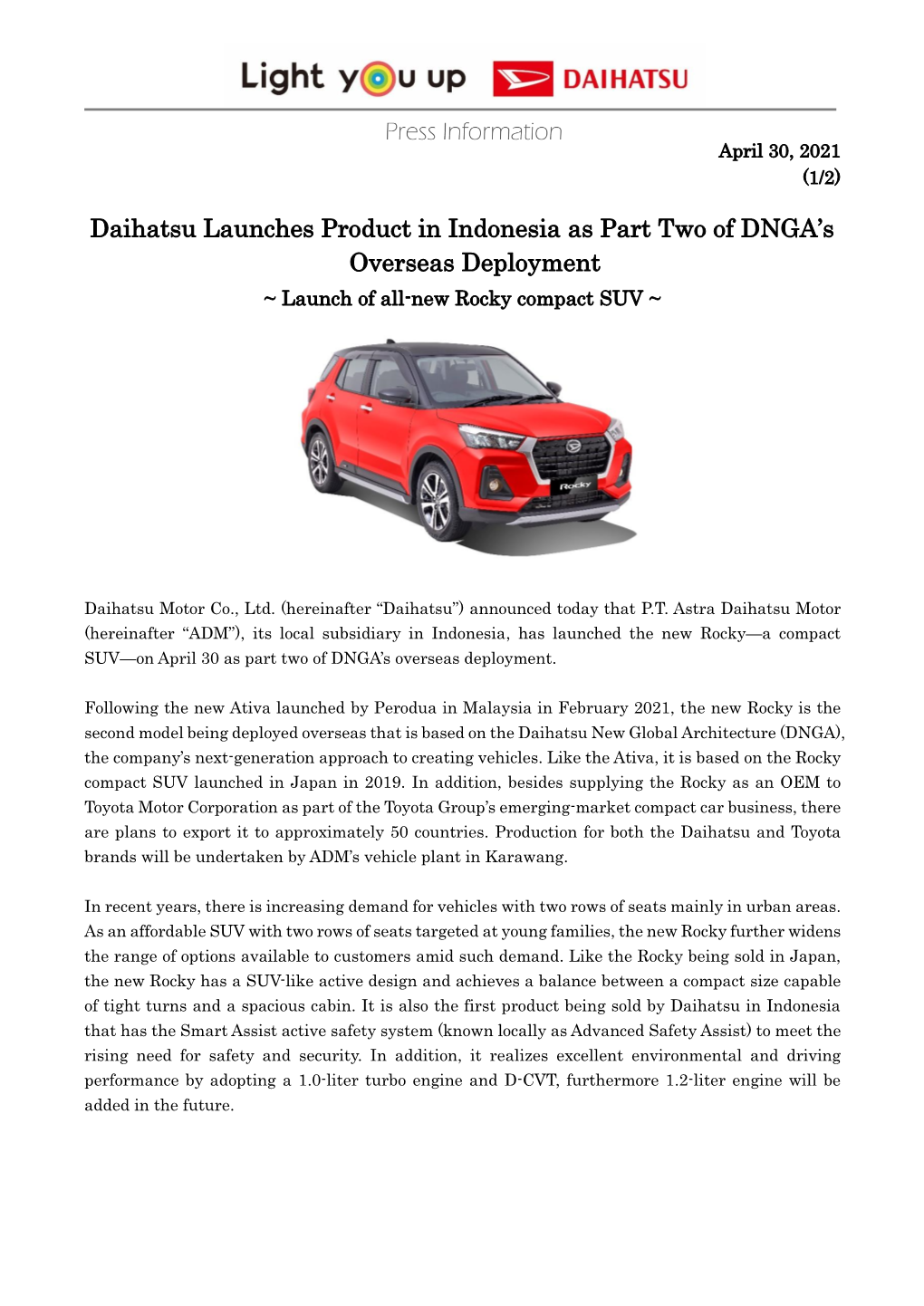 Daihatsu Launches Product in Indonesia As Part Two of DNGA's